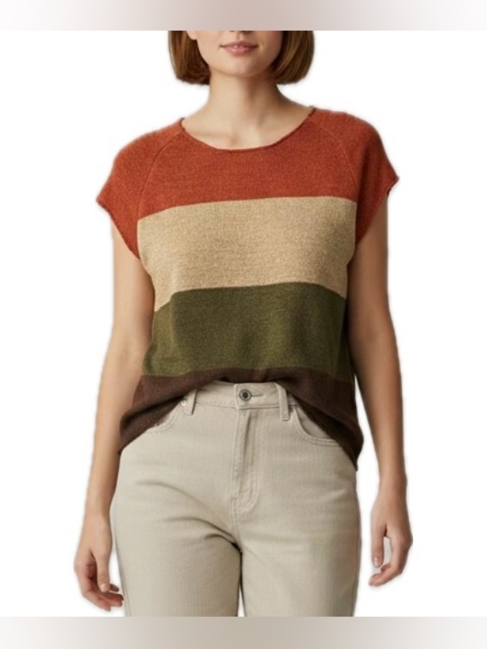 Colorblock Short-Sleeve Knit Sweater - Rust/Beige/Olive/Brown